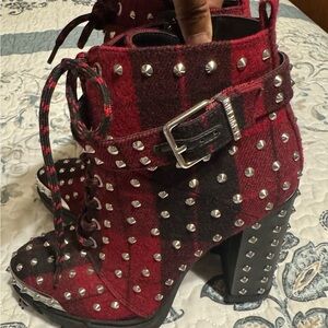 Gianni Bini Red and Black Studded Lace Up Boots
